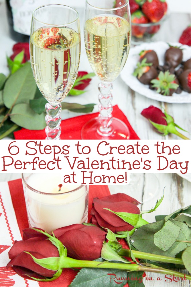 6 Steps to Create the Perfect Valentine's Day at Home.  Staying in for Valentine's Day?  These date ideas and dinner menus can help you elevate your evening into something romantic and special.  Includes instructions for DIY chocolate covered strawberries. / Running in a Skirt #valentinesday #healthyliving #romantic #date via @juliewunder