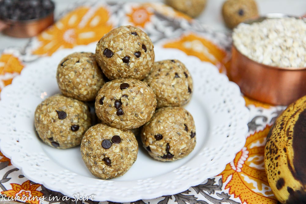 Healthy Clean Eating No Bake Banana Bread Bites recipe on a white plate.