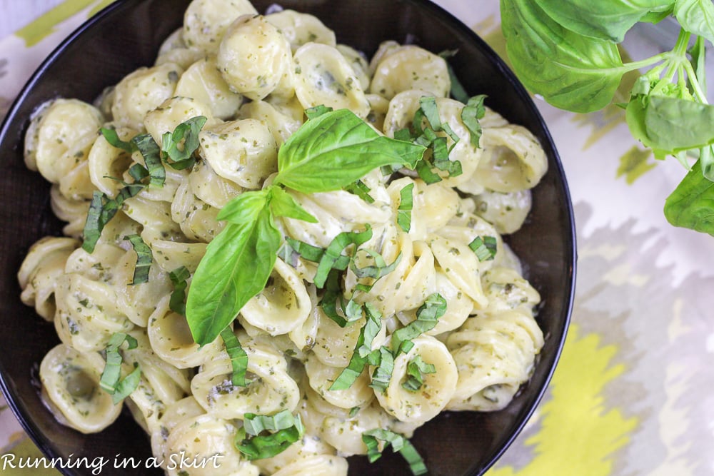 A bowl of healthy pesto pasta.