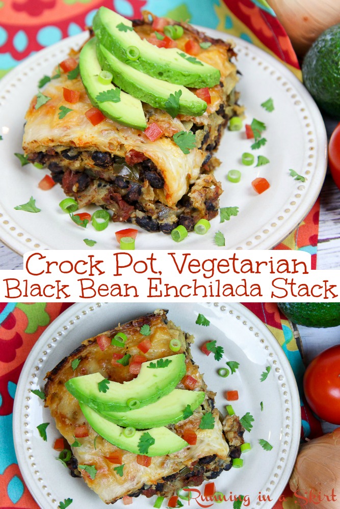 Crock Pot Vegetarian Enchilada Casserole recipe - This healthy and easy vegetarian slow cooker bake is SIMPLE and filled with black beans, veggies, cheese and corn tortillas. Great Mexican flavors for the crockpot! / Running in a Skirt #Mexican #healthy #crockpot #vegetariancrockpot #vegetarianslowcooker #slowcooker #recipe #enchilada via @juliewunder