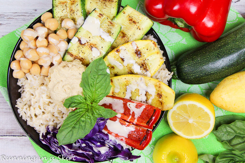 Grilled Vegetable Buddha Bowl recipe with homemade Lemon Tahini Dressing / Running in a Skirt