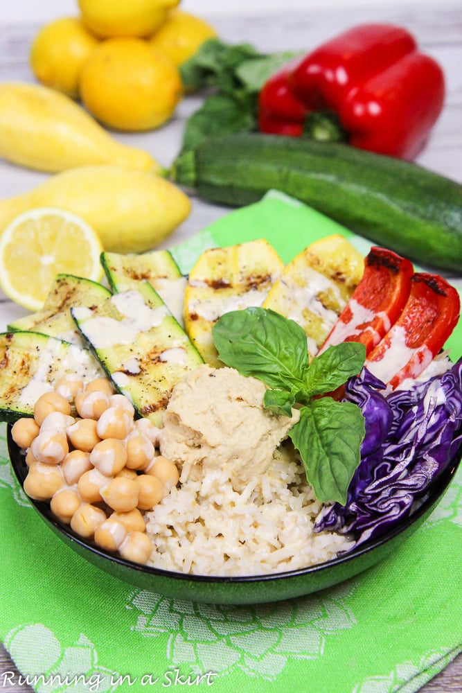 Grilled Vegetable Buddha Bowl recipe with homemade Lemon Tahini Dressing / Running in a Skirt