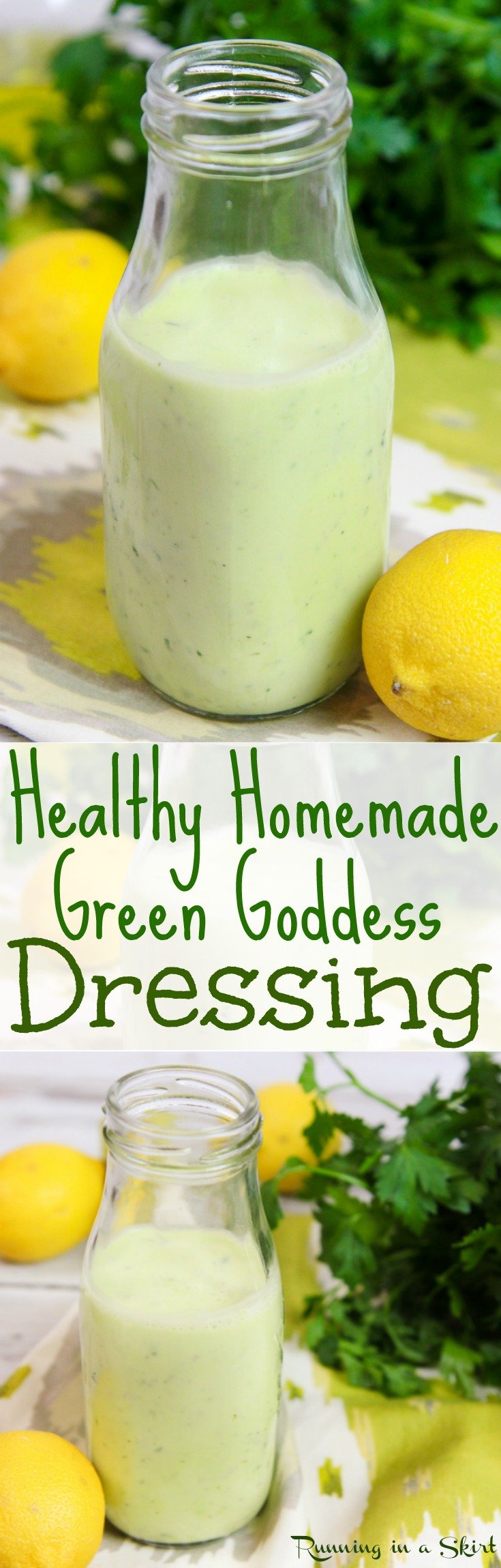Healthy Homemade Green Goddess Dressing recipe. An easy, classic and creamy salad dressing with greek yogurt and fresh herbs. A clean eating, low carb and light version! / Running in a Skirt via @juliewunder