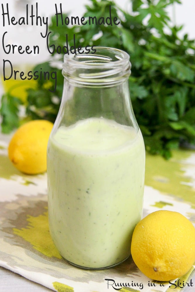 Healthy Homemade Green Goddess Dressing recipe with greek yogurt in a bottle.