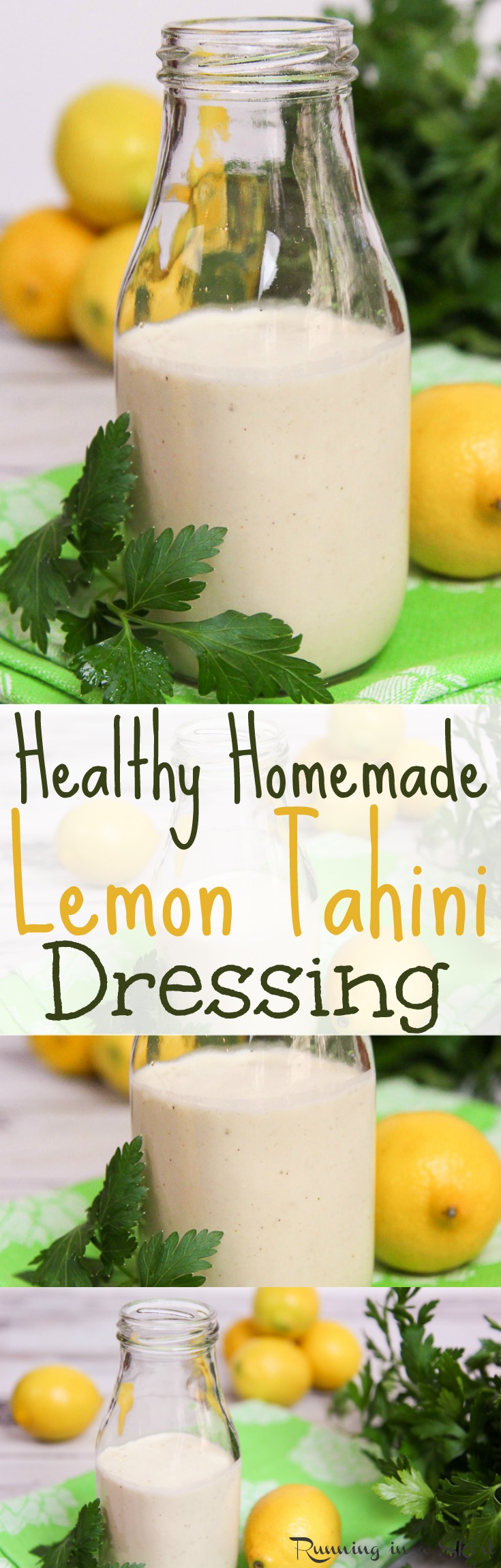 The Best 4 Ingredient Lemon Tahini Dressing recipe. This healthy, homemade, clean eating dressing is easy and vegan. It's great for salads, veggies, roasted vegetables, a buddha bowl or any vegetarian dish. Tastes amazing! / Running in a Skirt via @juliewunder