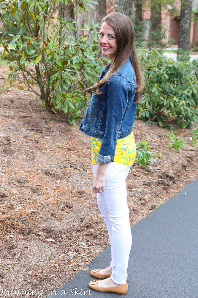 White Jeans Look -- Yellow Floral shirt, denim jacket and white jeans. / Running in a Skirt