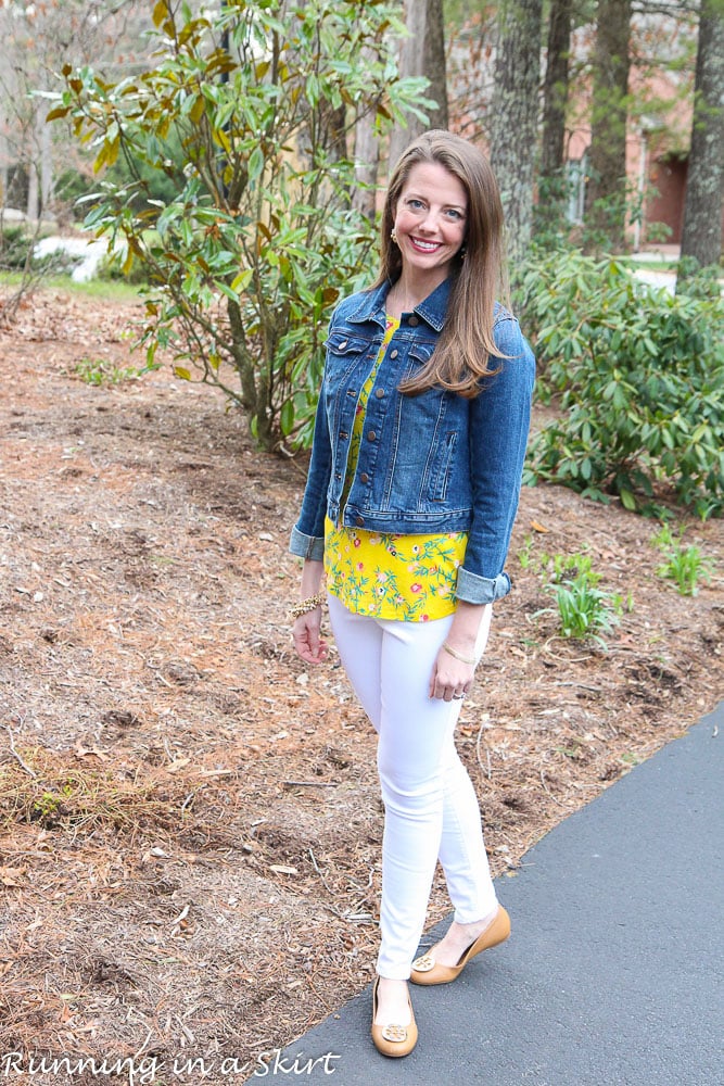 White Jeans Look -- Yellow Floral shirt, denim jacket and white jeans. / Running in a Skirt