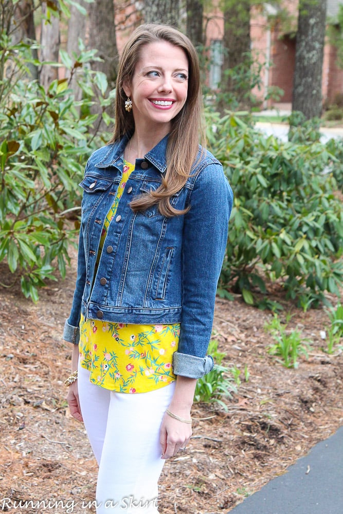 White Jeans Look -- Yellow Floral shirt, denim jacket and white jeans. / Running in a Skirt