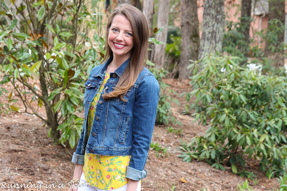 White Jeans Look -- Yellow Floral shirt, denim jacket and white jeans. / Running in a Skirt