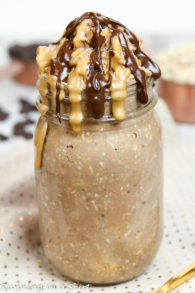 Peanut Butter Cup Overnight Oats in a jar.