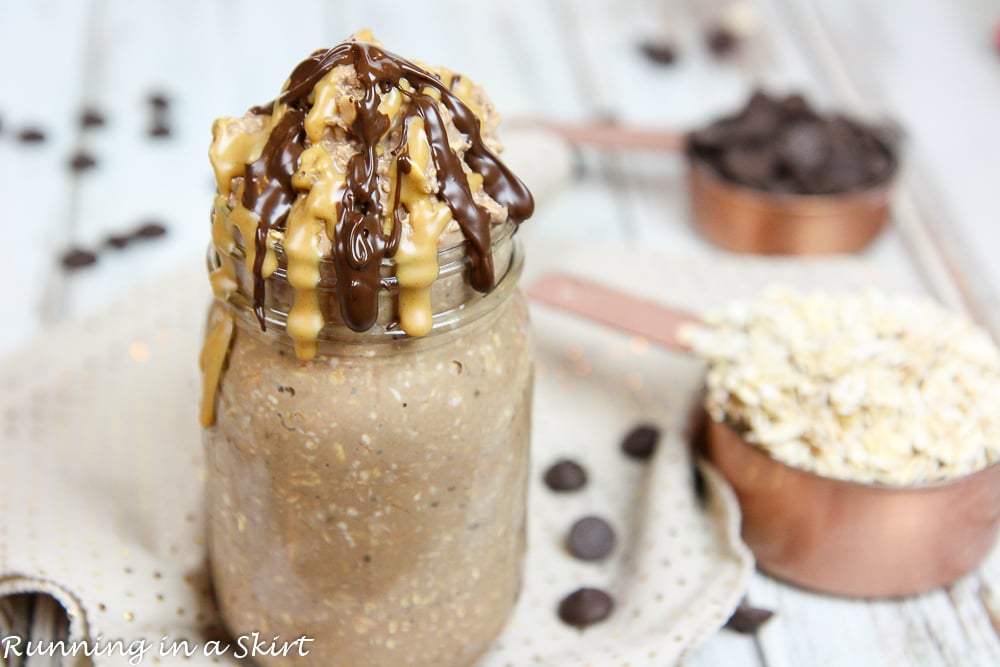 Peanut Butter Cup Overnight Oats in a jar.