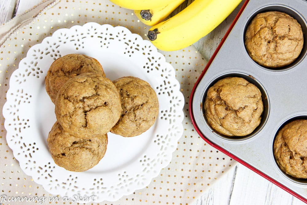 Healthy Banana Bread Muffins recipe in a tray and on a plate.