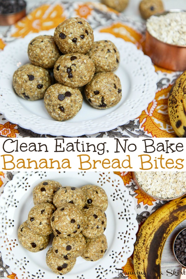 Clean Eating No Bake Banana Bread Bites recipe with chocolate chips!  With peanut butter, coconut, cinnamon and chia seeds.  Nut free, vegan, paleo friendly and no added refined sugar other than the chocolate chips!  A perfect healthy snack and great way to used over-ripe bananas! / Running in a Skirt via @juliewunder