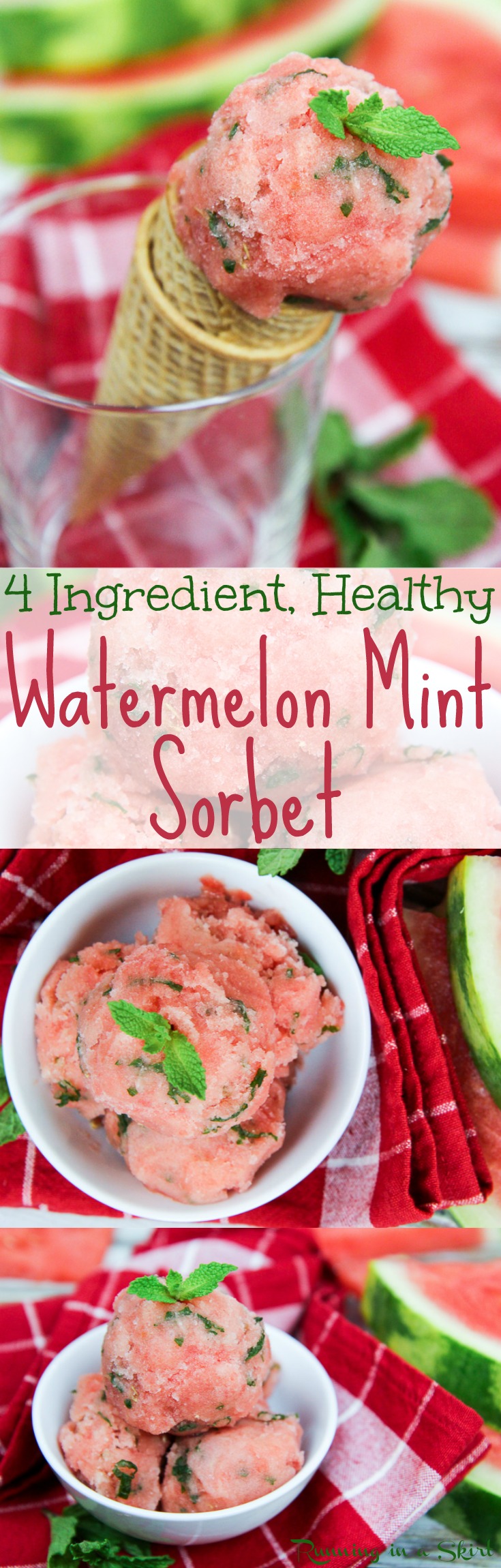 4 Ingredient Vegan Watermelon Nice Cream recipe with mint! A healthy, homemade and easy no churn, no ice cream maker watermelon sorbet. Added sugar free using frozen fruit. The perfect summer dessert or treats/ Running in a Skirt via @juliewunder