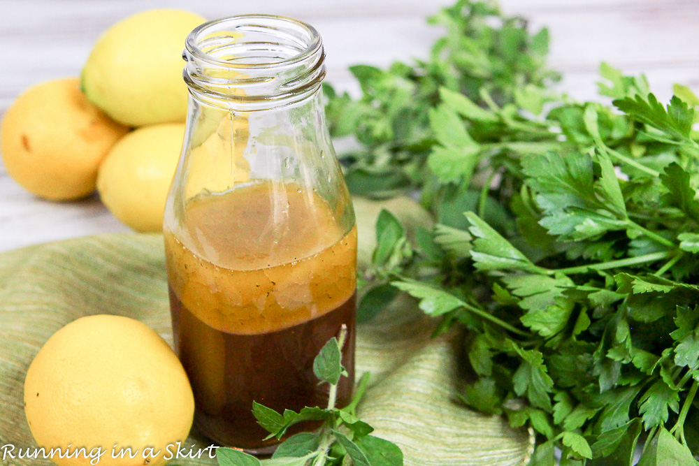 A bottle of red wine vinaigrette dressing.