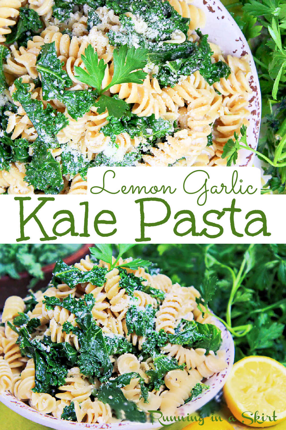 Kale Pasta Recipe with a light greek yogurt, parmesan, lemon and garlic sauce. Looking for healthy vegetarian pasta recipes this is it? The perfect combo of comfort and health foods that's easy, simple homemade and delicious. You'll love this pasta with kale! Perfect for meatless Monday! Includes a vegan option. Can use gluten free pasta. Clean Eating. / Running in a Skirt #kale #pasta #vegetarian #comfortfoods #healthy via @juliewunder