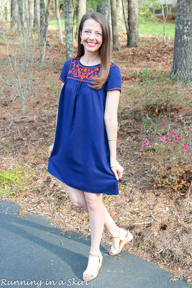 Navy Embroidered Dress/ Running in a Skirt