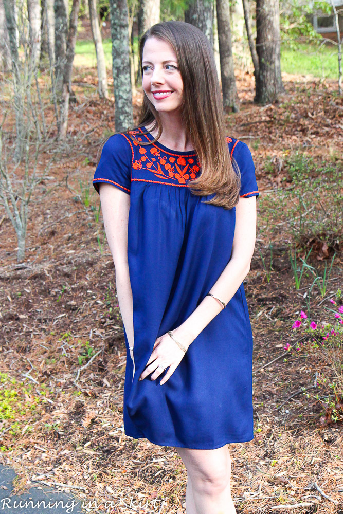 Navy Embroidered Dress/ Running in a Skirt