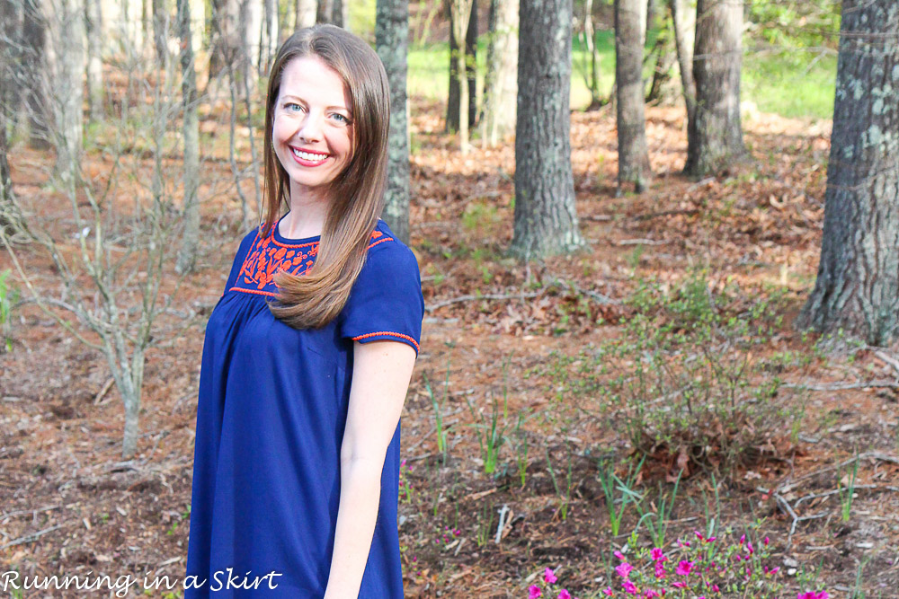 Navy Embroidered Dress/ Running in a Skirt