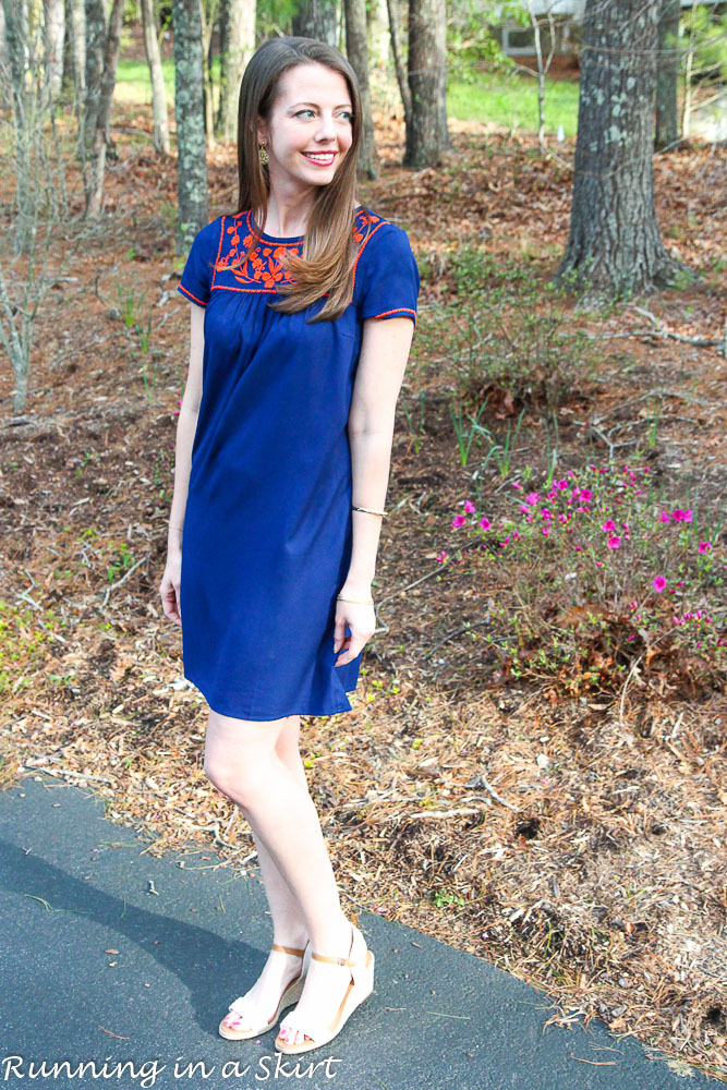 Navy Embroidered Dress/ Running in a Skirt