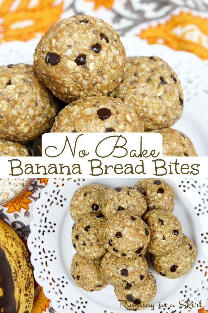 Clean Eating No Bake Banana Bread Bites recipe with chocolate chips! With peanut butter, coconut, cinnamon and chia seeds. Nut free, vegan, paleo friendly and no added refined sugar other than the chocolate chips! A perfect healthy snack and great way to used over-ripe bananas! / Running in a Skirt via @juliewunder