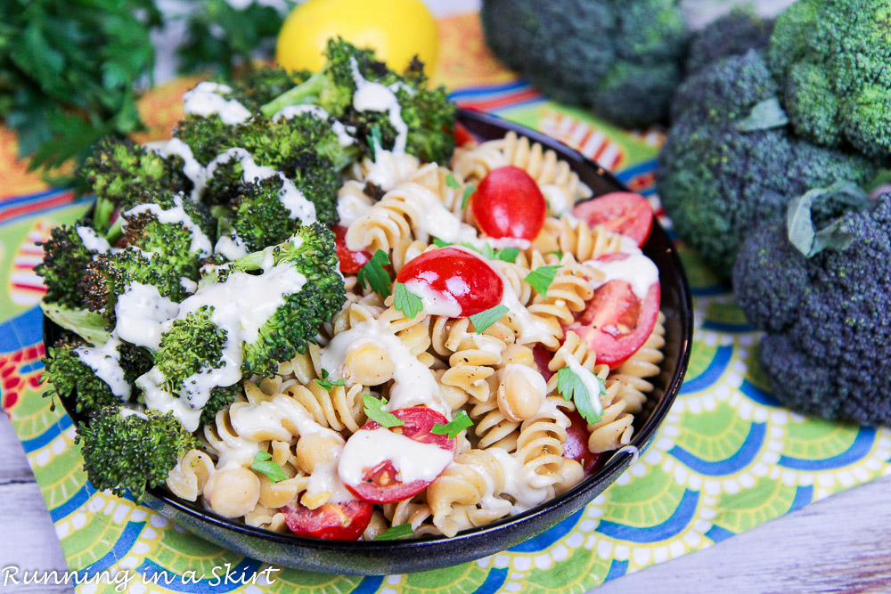 Healthy, Vegan Roasted Broccoli Pasta recipe with tahini dressing / Running in a Skirt