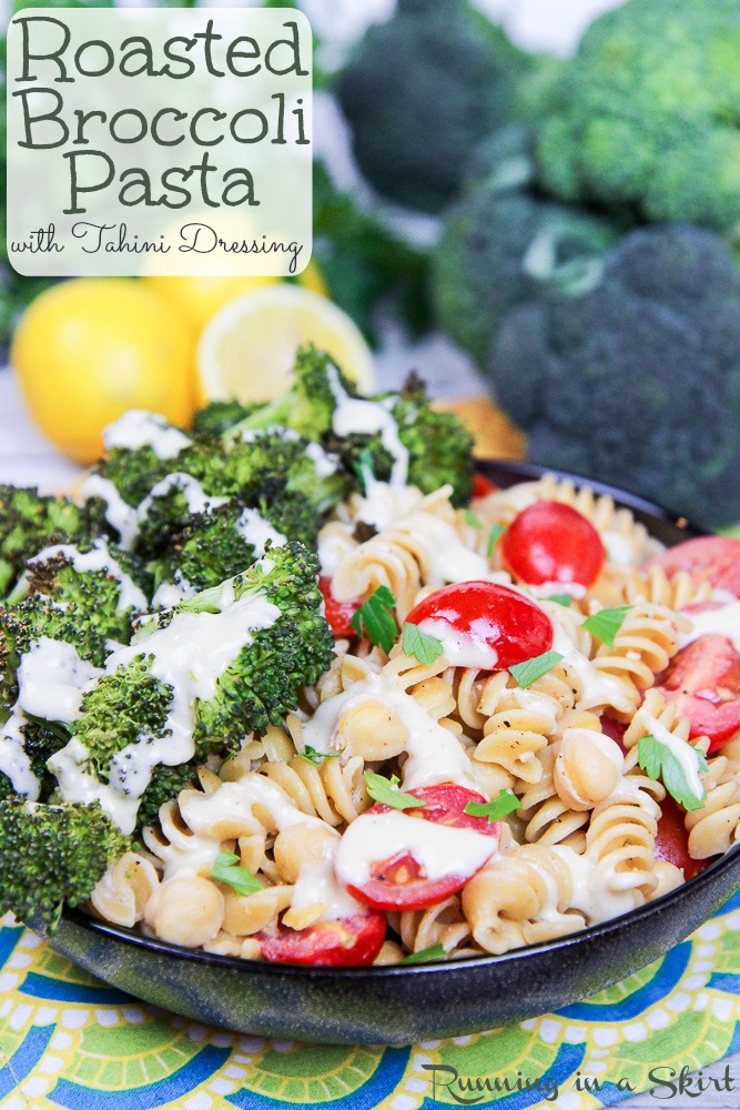 Healthy, Vegan Roasted Broccoli Pasta recipe with tahini dressing / Running in a Skirt