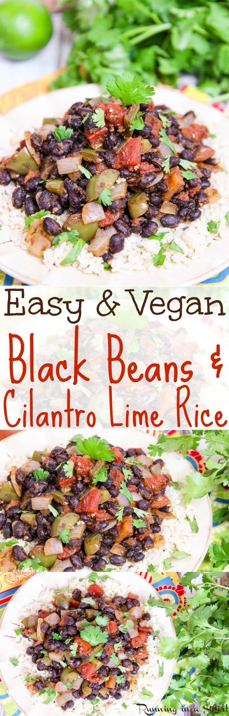 15 Minute Easy & Vegan Black Beans & Rice recipe. A healthy, simple, clean and fast vegetarian meal, dinner or lunch. Also great as a side dish with Mexican or Tex Mex food! Uses canned beans and tomatoes as a shortcut. Perfect for Meatless Monday! / Running in a Skirt via @juliewunder