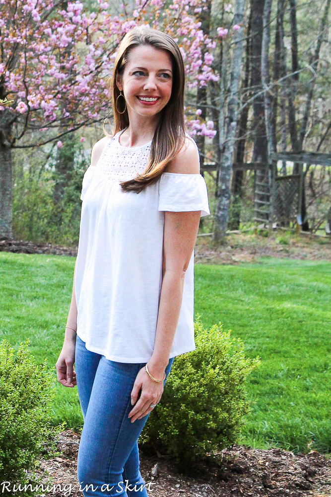 White Cold Shoulder Shirt / Running in a Skirt