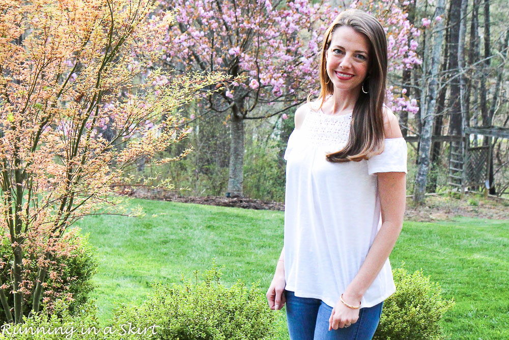 White Cold Shoulder Shirt / Running in a Skirt