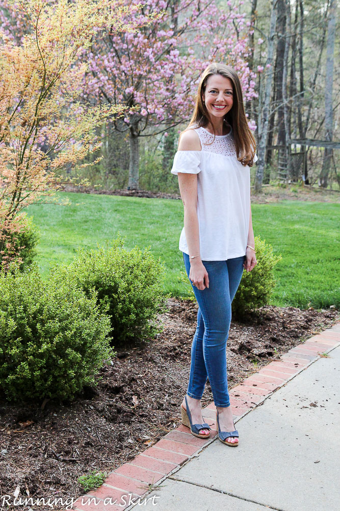 White Cold Shoulder Shirt / Running in a Skirt