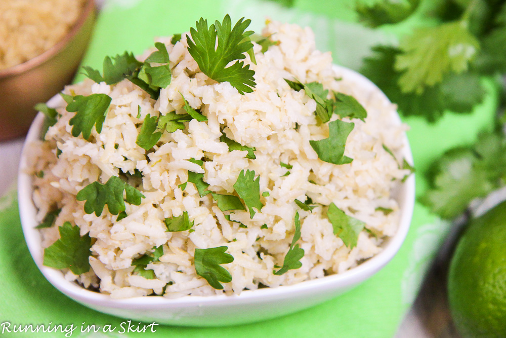 Cilantro Lime Brown Rice in a white bowl.