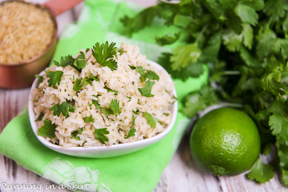 Cilantro Lime rice with ingredients to prepare it.