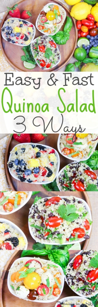 3 Easy Quinoa Salad Recipes- all less than 6 ingredients! Heirloom Tomato Caprese Quinoa Salad, Honey Lime Mango Berry Quinoa Salad and Mexican Black Bean Quinoa Salad / Running in a Skirt