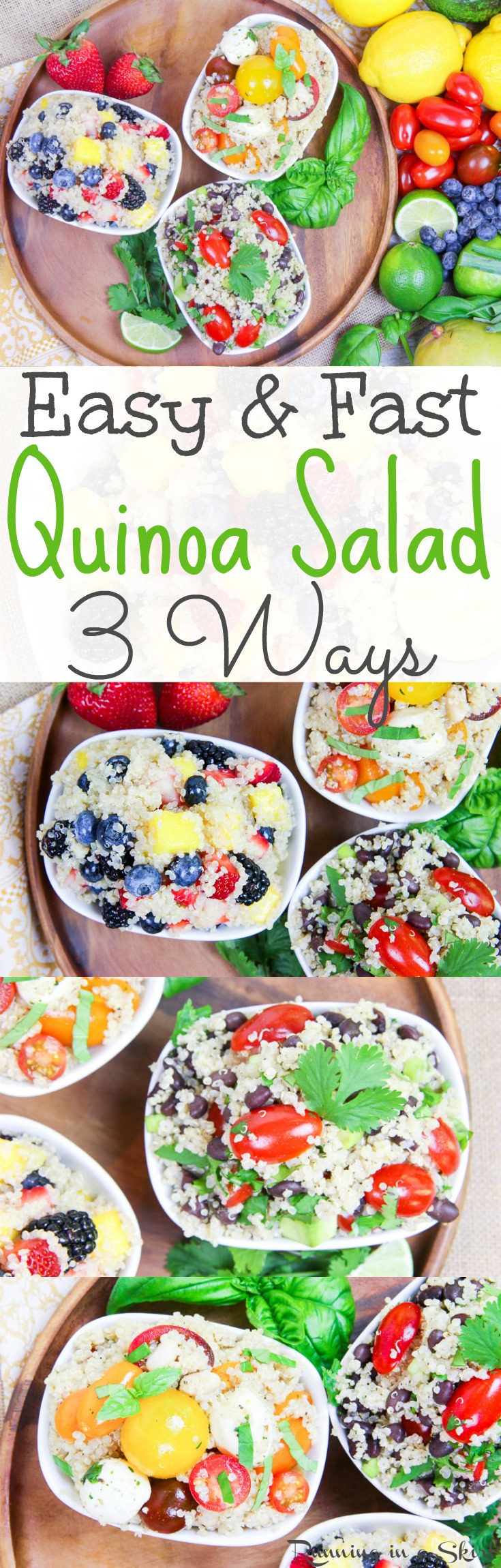 Easy & Fast Quinoa Salad Three Ways!  Healthy Mexican Black Bean Quinoa Salad, Heirloom Tomato Quinoa Salad and Honey Lime Mango Berry Quinoa Salad recipes.  All simple with 7 ingredients or less.  The best gluten free, clean eating, vegetarian lunch idea. All ingredients found at @aldiusa / Running in a Skirt  #IlikeALDI #ALDIGram  via @juliewunder
