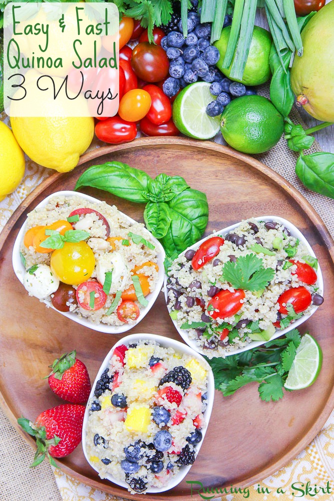 3 Easy Quinoa Salad Recipes- all less than 6 ingredients! Heirloom Tomato Caprese Quinoa Salad, Honey Lime Mango Berry Quinoa Salad and Mexican Black Bean Quinoa Salad / Running in a Skirt