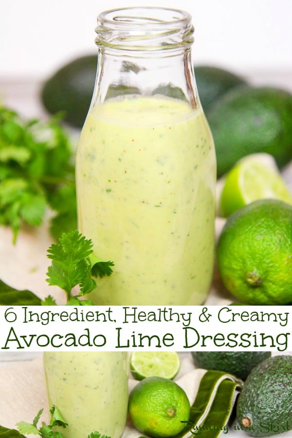6 Ingredient Healthy & Creamy Avocado Lime Dressing recipe. A clean eating, easy homemade salad dressing with avocado, cilantro and greek yogurt. Low carb, whole 30, vegetarian and paleo. Great on salads or tacos. / Running in a Skirt via @juliewunder