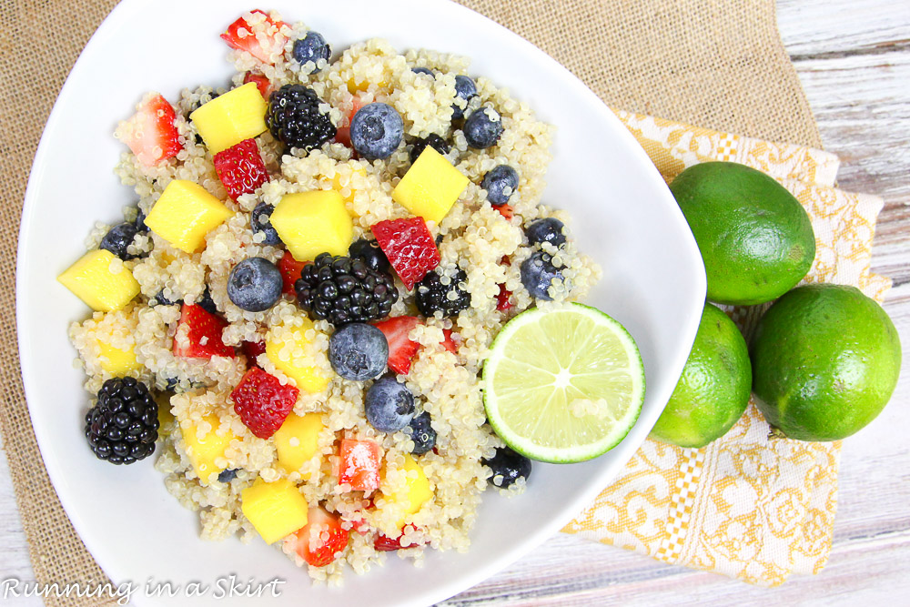 3 Easy Quinoa Salad Recipes- all less than 6 ingredients! Heirloom Tomato Caprese Quinoa Salad, Honey Lime Mango Berry Quinoa Salad and Mexican Black Bean Quinoa Salad / Running in a Skirt