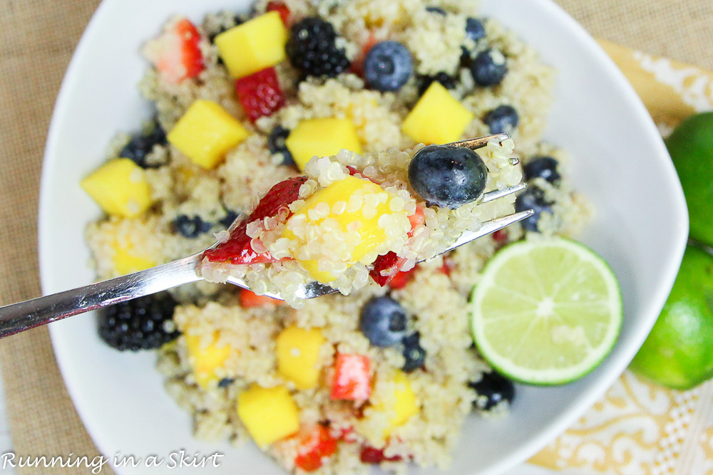 3 Easy Quinoa Salad Recipes- all less than 6 ingredients! Heirloom Tomato Caprese Quinoa Salad, Honey Lime Mango Berry Quinoa Salad and Mexican Black Bean Quinoa Salad / Running in a Skirt