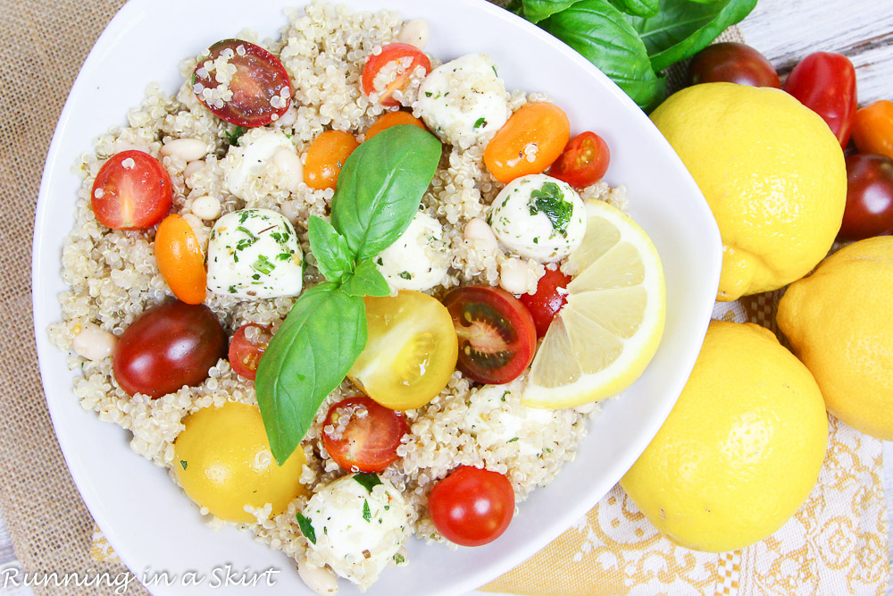 3 Easy Quinoa Salad Recipes- all less than 6 ingredients! Heirloom Tomato Caprese Quinoa Salad, Honey Lime Mango Berry Quinoa Salad and Mexican Black Bean Quinoa Salad / Running in a Skirt