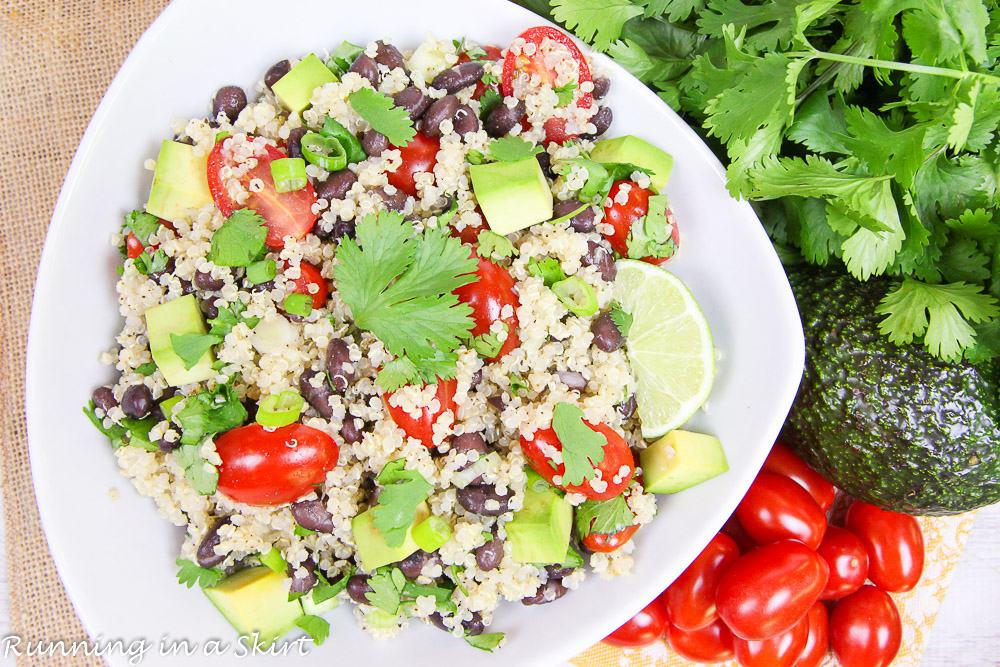 3 Easy Quinoa Salad Recipes- all less than 6 ingredients! Heirloom Tomato Caprese Quinoa Salad, Honey Lime Mango Berry Quinoa Salad and Mexican Black Bean Quinoa Salad / Running in a Skirt