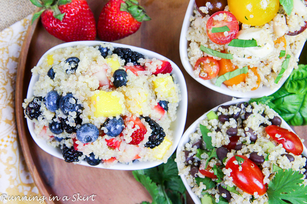 3 Easy Quinoa Salad Recipes- all less than 6 ingredients! Heirloom Tomato Caprese Quinoa Salad, Honey Lime Mango Berry Quinoa Salad and Mexican Black Bean Quinoa Salad / Running in a Skirt