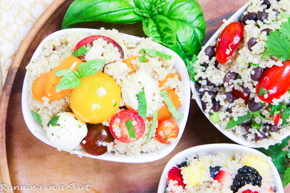 3 Easy Quinoa Salad Recipes- all less than 6 ingredients! Heirloom Tomato Caprese Quinoa Salad, Honey Lime Mango Berry Quinoa Salad and Mexican Black Bean Quinoa Salad / Running in a Skirt