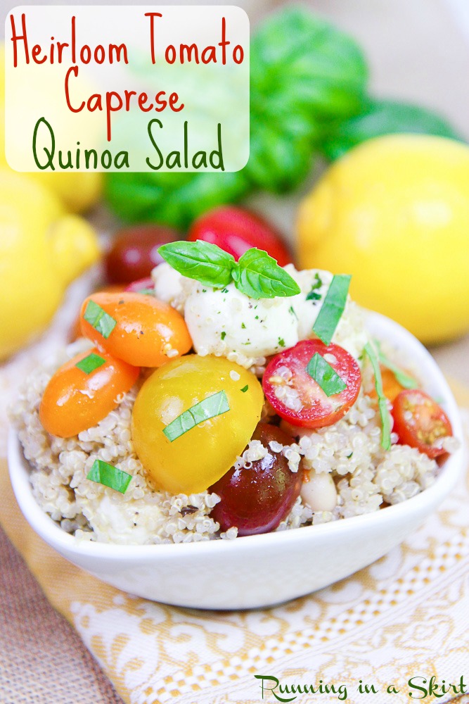 3 Easy Quinoa Salad Recipes- all less than 6 ingredients! Heirloom Tomato Caprese Quinoa Salad, Honey Lime Mango Berry Quinoa Salad and Mexican Black Bean Quinoa Salad / Running in a Skirt