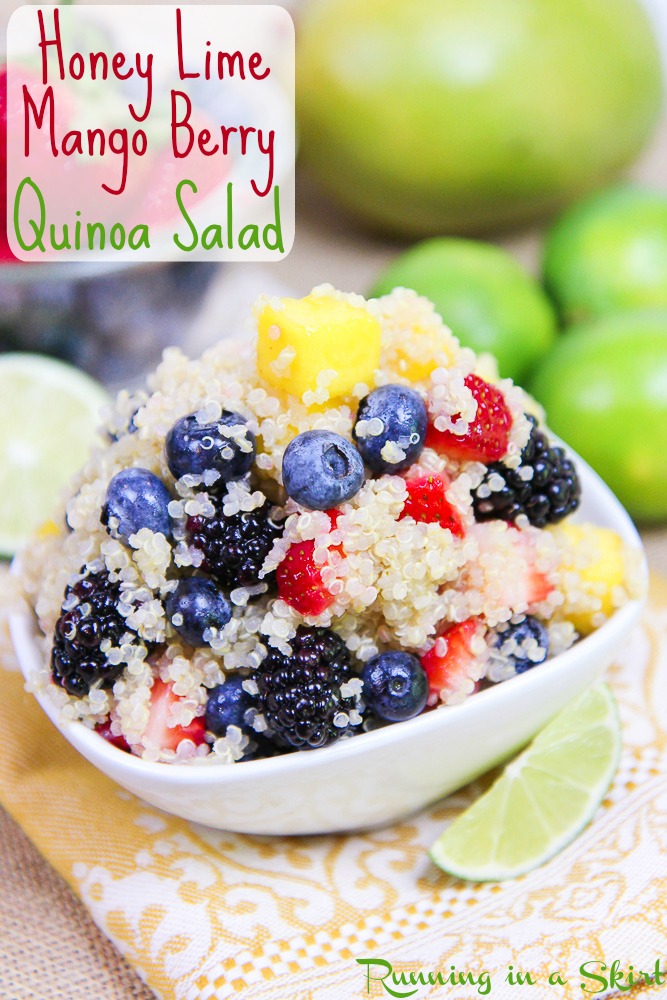 3 Easy Quinoa Salad Recipes- all less than 6 ingredients! Heirloom Tomato Caprese Quinoa Salad, Honey Lime Mango Berry Quinoa Salad and Mexican Black Bean Quinoa Salad / Running in a Skirt