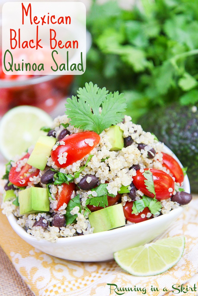 3 Easy Quinoa Salad Recipes- all less than 6 ingredients! Heirloom Tomato Caprese Quinoa Salad, Honey Lime Mango Berry Quinoa Salad and Mexican Black Bean Quinoa Salad / Running in a Skirt