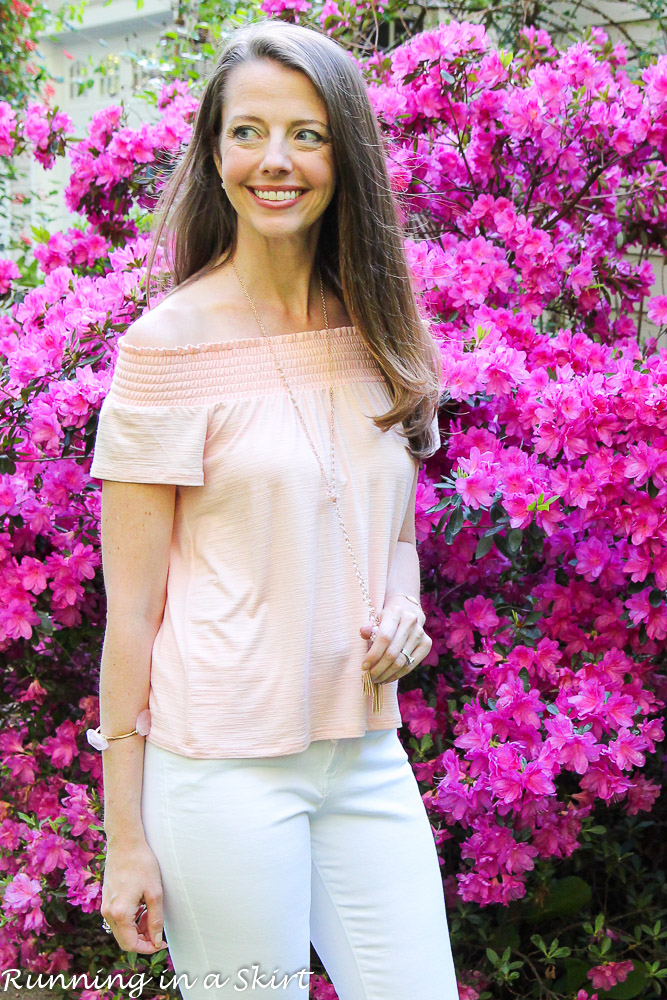 Pale Pink Cold Shoulder Skirt & White Jeans / Running in a Skirt