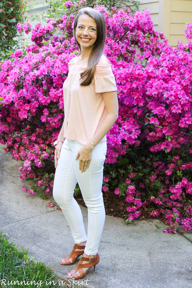 Pale Pink Cold Shoulder Skirt & White Jeans / Running in a Skirt