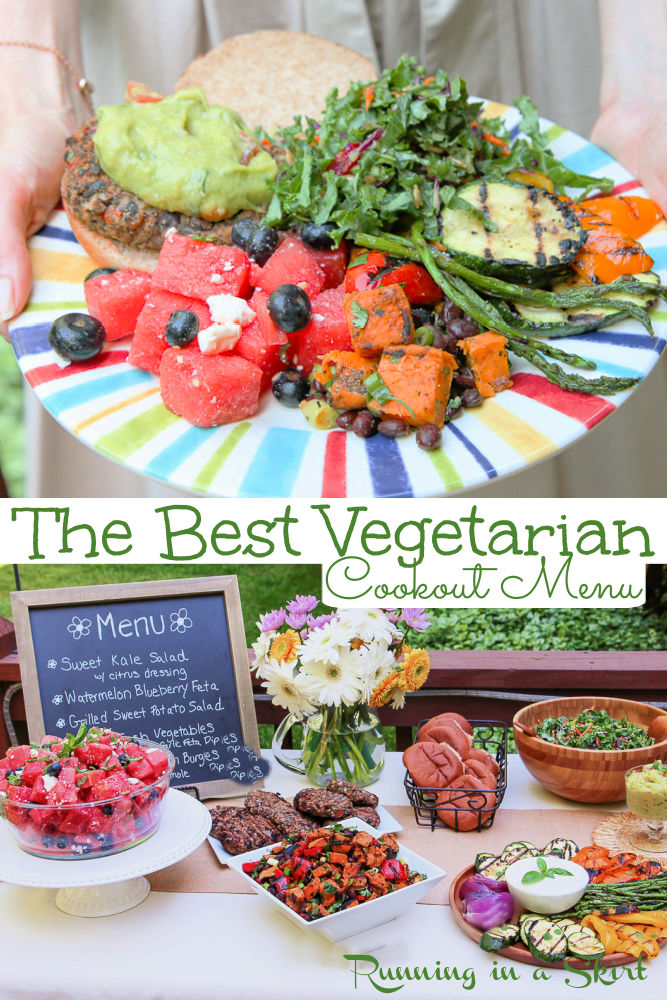 Vegetarian Cookout Menu - Ideas and recipes for food including main dishes, meals, and side dishes for the perfect summer cookout food or summer party recipe ideas for vegetarians or plant based. Includes a full menu with simple recipes to make or buy! Recipes include the Best Homemade Black Bean Burgers, Grilled Vegetable Tray, Grilled Sweet Potato Salad and Watermelon Blueberry Salad with Feta. Includes Vegan options. / Running in a Skirt #vegetarian #vegetariancookout #memorialday #plantbased via @juliewunder