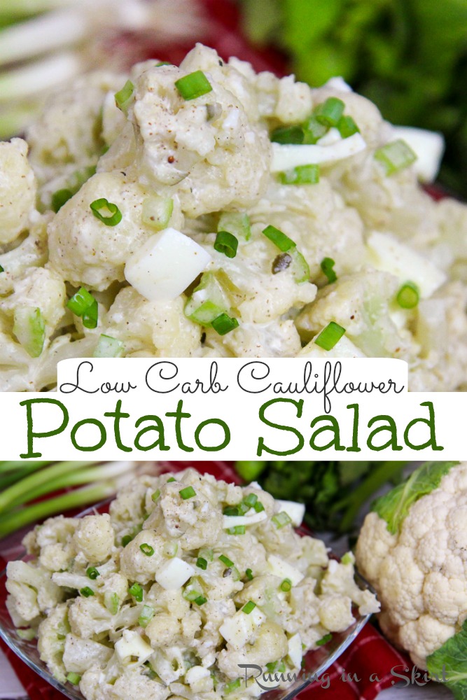 The Best Cauliflower Potato Salad recipe- Low Carb, Healthy & Keto. Only 6 Ingredients. This Mock Potato Salad is made with cauliflower and greek yogurt instead of potato and mayonnaise. It's easy, simple, and delicious. Tastes like classic potatoes salad and is a great vegetarian cookout recipe! / Running in a Skirt #lowcarb #healthy #keto via @juliewunder